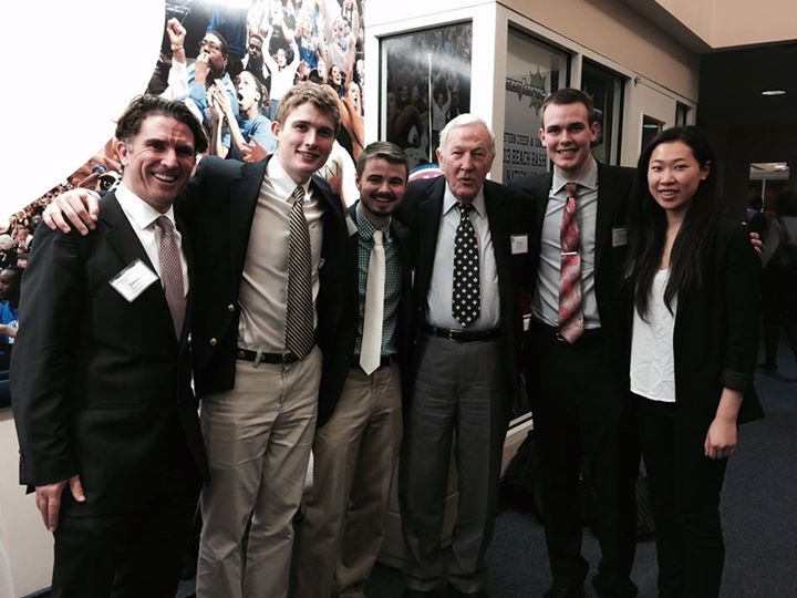Mahon, Corcoran, Perkins, Peterson and Lam pose with Roger Mudd ‘50 on the first day of the 2014 Ethics Bowl competition.
