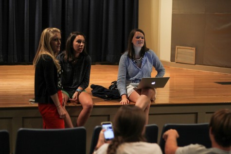 Dean of Sophomores Megan Hobbs, from left, with Sophomore Class Representatives Caroline Bones and Mary Page Welch at the class meeting on Tuesday.