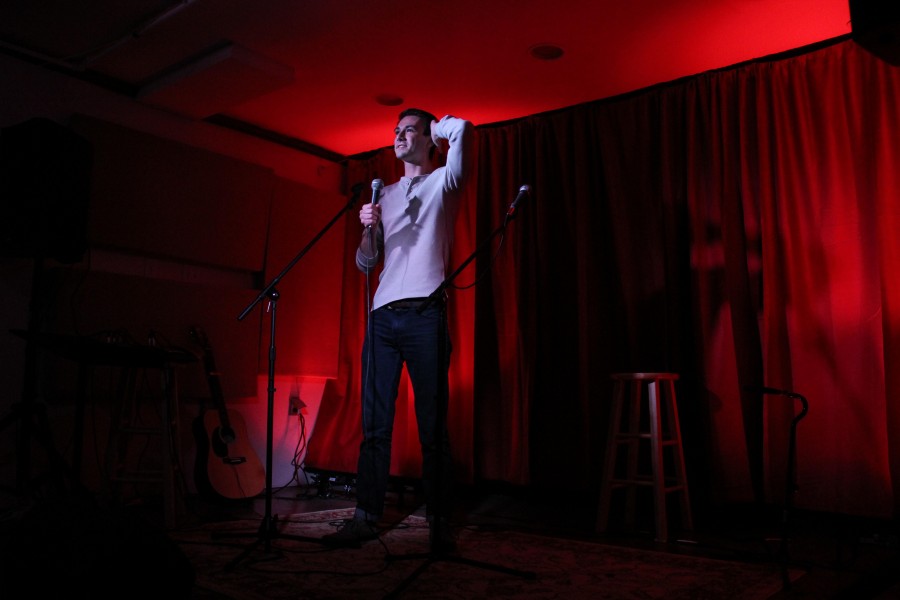 Henry Luzzatto, the winner of the nights competition, performs stand up at Friday Underground. Photo by Ellen Kanzinger, 18.