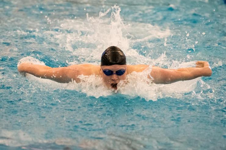 Noah Schammel, ‘18, placed first in three different events in the team’s meet against Randolph-Macon: the 100-yard buttrerfly, the 200-yard butterfly and the 200-yard medley relay.  Photo courtesy of W&L Sports Info.