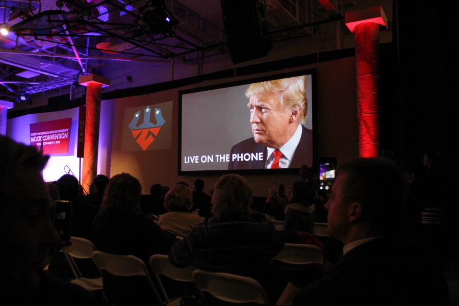 Trump calls in to thank the convention for their nomination and to answer questions posed by the Steering Committee. Photo by Ellen Kanzinger, ‘18. 
