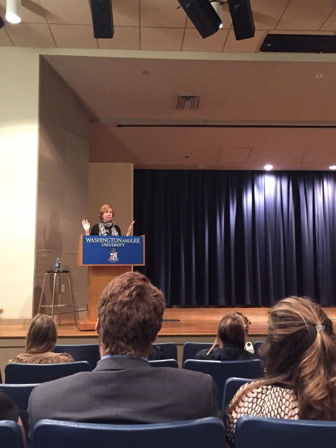 Vivian Schiller addresses students and faculty in Stackhouse. Photo by Nuoya Zhou, 18.