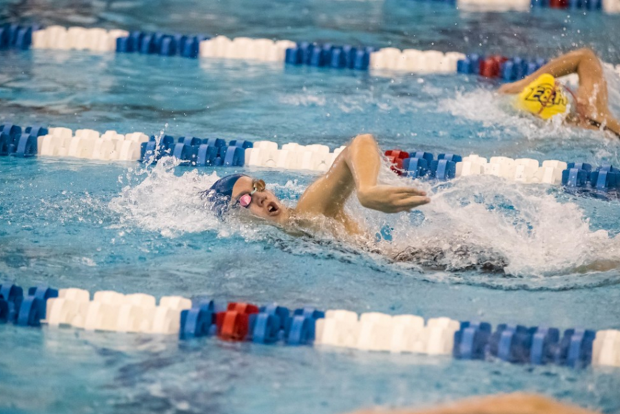 Ali MacQueen, 20, takes a breath as she races to beat her competition. Photo courtesy of W&L Sports Info. 