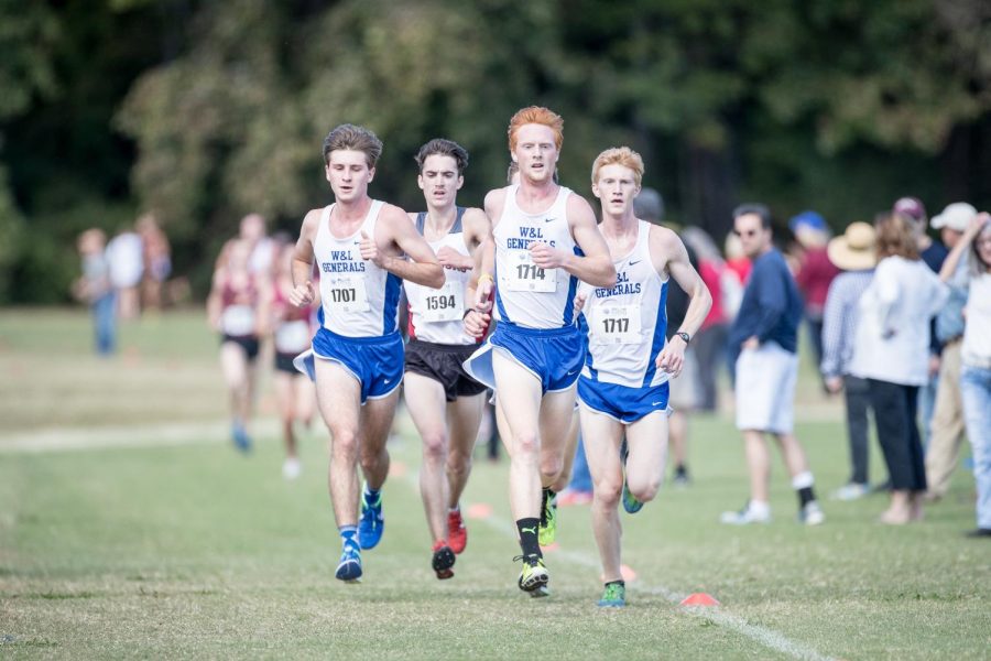 MacKenzye Leroy, ‘18, competing with teammates close during cross country season. Photo courtesy of W&L Sports Info