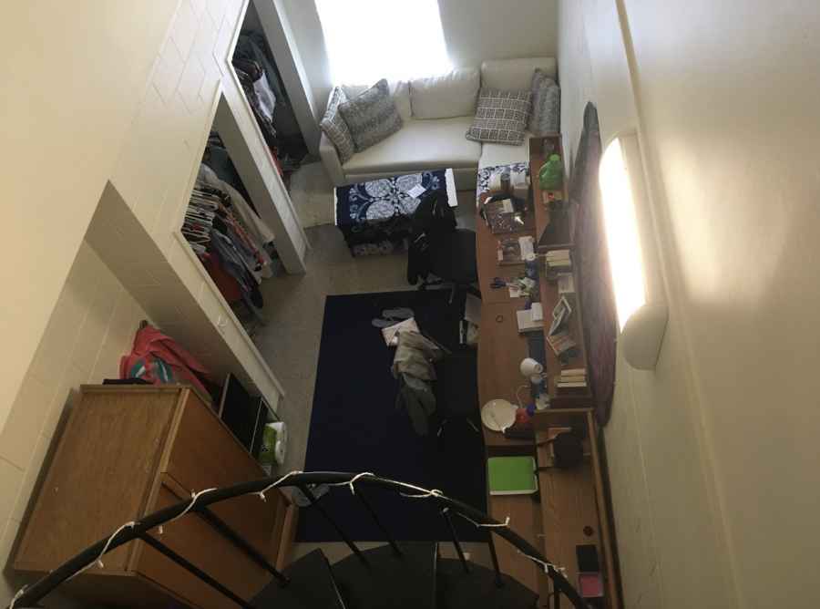 Fran McDonough’s lofted room in Gaines houses three first-year women. Photo by Maddie Smith, ‘22.