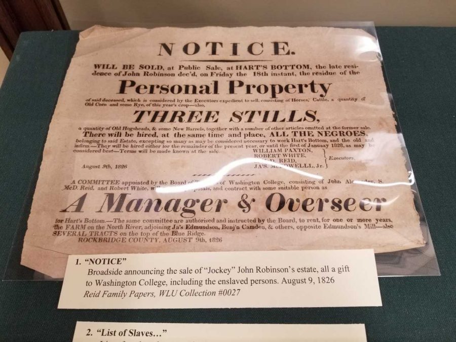 An advertising broadside from Aug. 9, 1826, announces a public sale of John Robinsons personal property, including horses, cattle, corn and three stills, in Special Collections. Photo by Amelia Lancaster, 22.