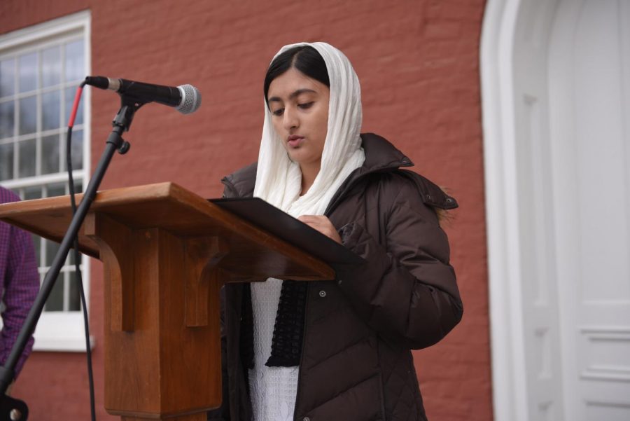 Sawera Khan, '21, speaks at the vigil. Photo by Maya Lora