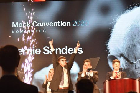 This photo, from Mock Convention 2020, shows students celebrating after announcing Mock Conventions nomination of Sen. Bernie Sanders as the Democratic Partys presidential candidate in 2020. A similar process will happen for the GOP presidential nominee this year. Photo by Lilah Kimble