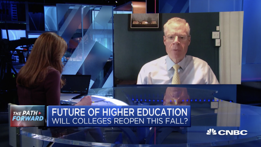 Washington and Lee University President Will Dudley was interviewed by Kelly Evans, 07, on CNBC on Wednesday, May 13. Screenshot of the interview.