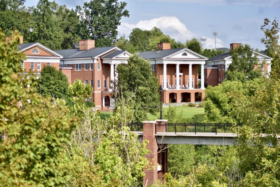 Sorority houses, red brick buildings with white columned porches, seen through trees.