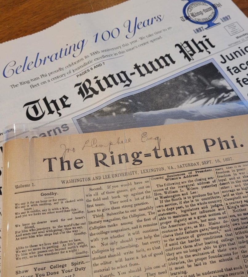 Both the first edition (front) and the centennial edition (back) of the Ring-tum Phi are shown here. The first issue was released Sept. 18, 1897. 