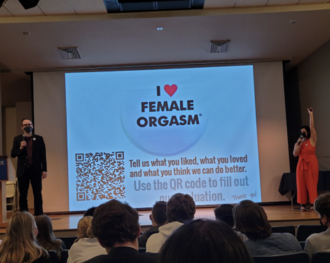 The “I Love the Female Orgasm” event was held in Stackhouse Theater on Thursday, Nov. 4. Approximately 150 students attended. Photo by Emma Malinak, ’25.