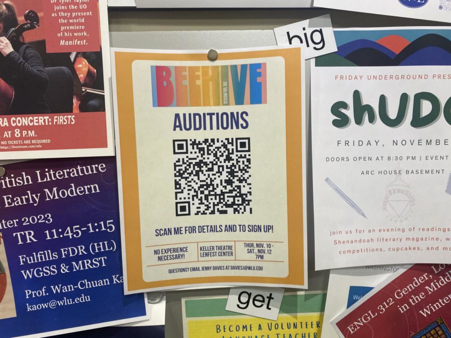 Flyer+for+BEEHIVE+auditions+on+a+board+with+other+sporadic+flyers.+BEEHIVE+is+in+rainbow+font%2C+with+a+QR+code+to+sign+up+for+auditions.