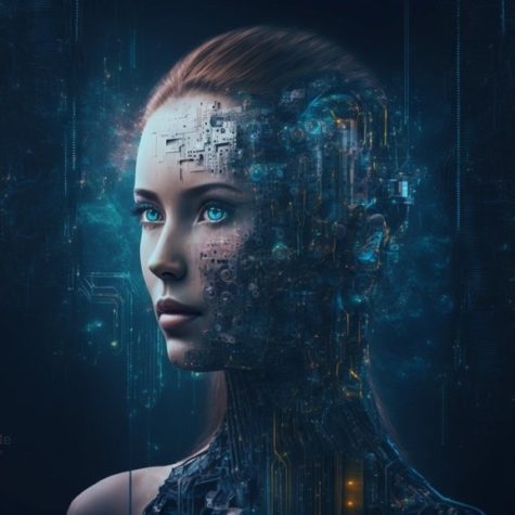 An image of a womans face with digital clouds and circuits radiating from it