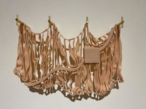 A large pink rubber mold shaped like a car's front grill droops from four pegs on a wall.