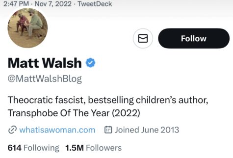 The Twitter description of Matt Walsh @MattWalshBlog, which reads "Theocratic fascist, bestselling children's author, Transphobe Of The Year (2022)."