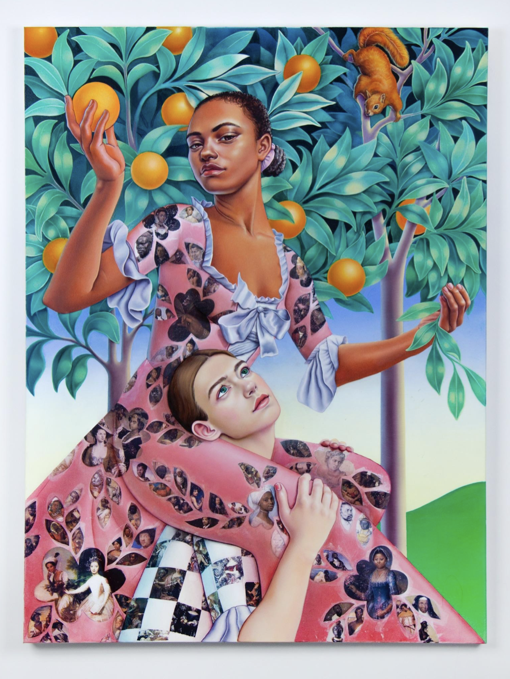 A painting, where a Black woman reaches for an orange, and a white woman lying on her lap gazes at the tree overhead. Both women are wearing patterned dresses.