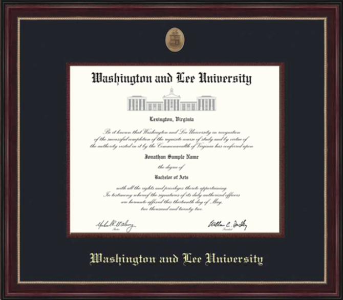 A diploma sample in a picture frame. The diploma reads Washington and Lee University, above a wide artwork of the colonnade. The phrase Lexington, Virginia is placed under the artwork.