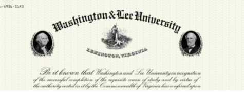A portion of a diploma, which reads Washington and Lee University Lexington, Virginia and features oval portraits of George Washington and Robert E. Lee on the left and right sides.