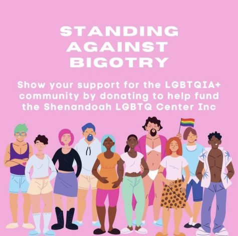 A graphic with the words Standing against Bigotry. Show your support for the LGBTQIA plus community by donating to help fund the Shenandoah LGBTQ Center Inc. The words are on a pink background above a graphic of a group of people with many different gender expressions and outfits.