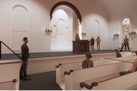 A photo rendering of the inside of a chapel, mostly white but with brown accents. A central arch is filled by a set back white wall.