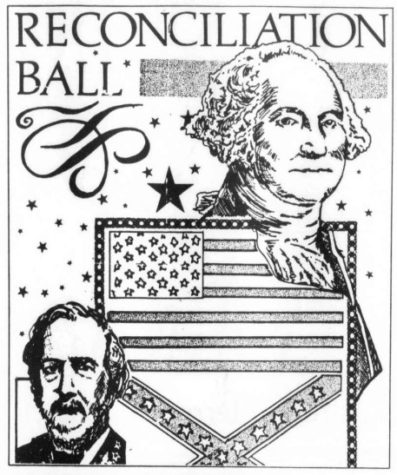 A black and white shirt design that reads Reconciliation Ball and includes images of George Washington, Robert E. Lee, the American flag and the Confederate flag.