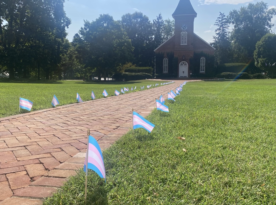 Transgender pride flags line the walkway to University Chapel on Monday, Sept. 18, the day Matt Walsh is scheduled to speak. 