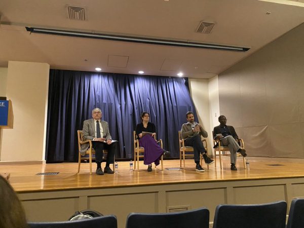 Left to right: Professors Bob Strong, Emily Filler, Seth Cantey and Mohamed Kamara discuss the Israeli-Palestinian conflict before a packed Stackhouse Theater on Wednesday.