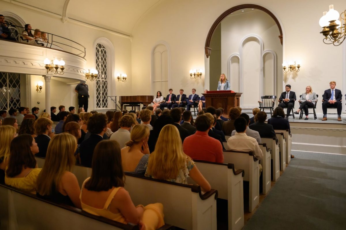 Executive Committee president Martha Ernest ’24 addresses the first-year class during Honor System Orientation in University Chapel.