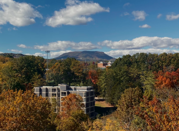 A view of House Mountain and the Woods Creek Apartments show off Lexingtons signature fall foliage.