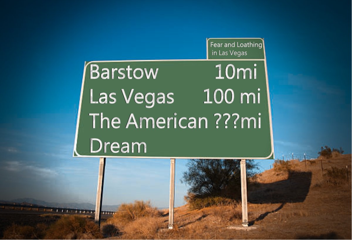 An altered highway sign to Las Vegas. Graphic by Tom Maghie, ‘27