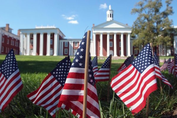 American flags on the colonnade on 9/11. 
Photo by Kevin Remington