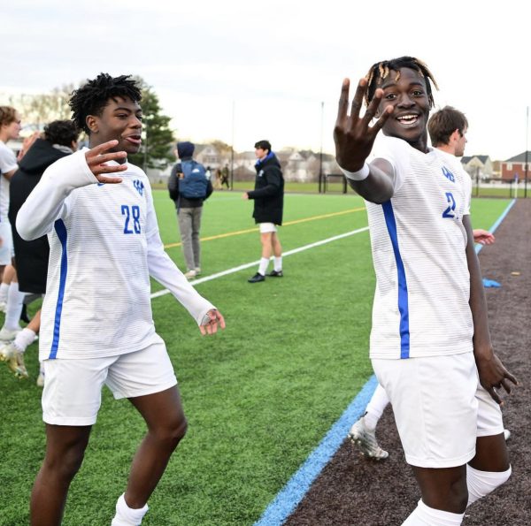 (Left to right) Dmitri Tulloch, ‘27, and Weyimi Agbeyegbe, ‘25, show excitement for their team heading into the NCAA Division III men’s soccer Final Four. Photo courtesy of Generals Athletics
