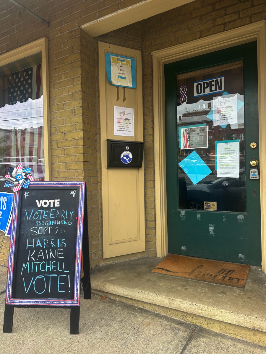 A sign outside the Democratic Headquarters in Lexington, Virginia encourages citizens to vote.