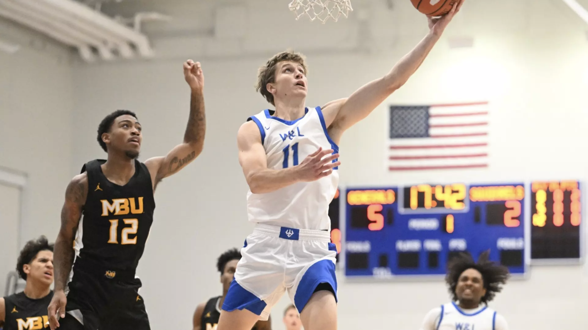 Generals forward Colin Ryan, ‘26, goes up for a layup in the team’s home opener versus Mary Baldwin University on Nov. 13. 