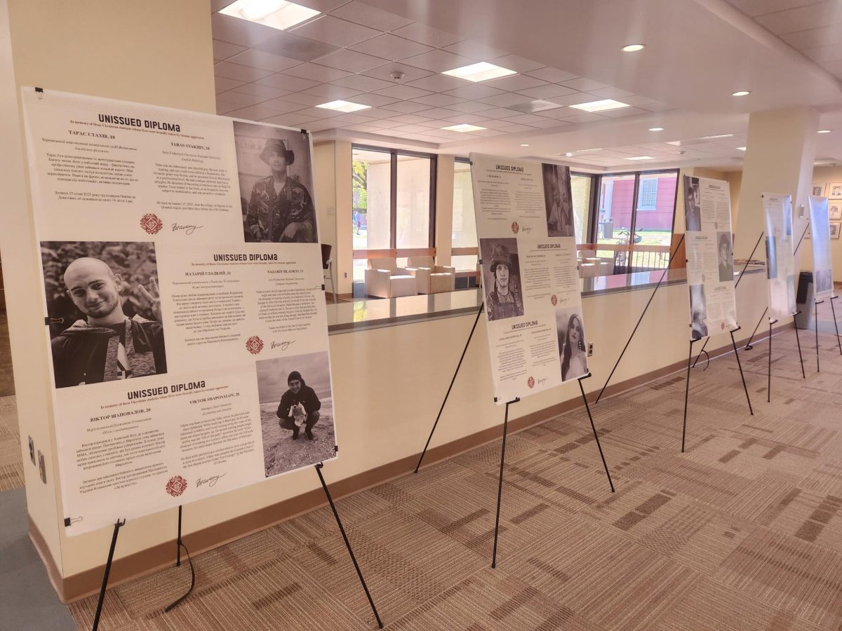 The “Unissued Diplomas” posters in Leyburn Library tell the stories of young people who have died in Ukraine since the war began. 