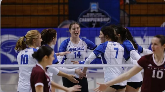 Grace Mitchener, ’27, and teammates huddle up during a game against Stevens Institute of Technology on Nov. 22. The team won the match to continue on to the Sweet 16. 